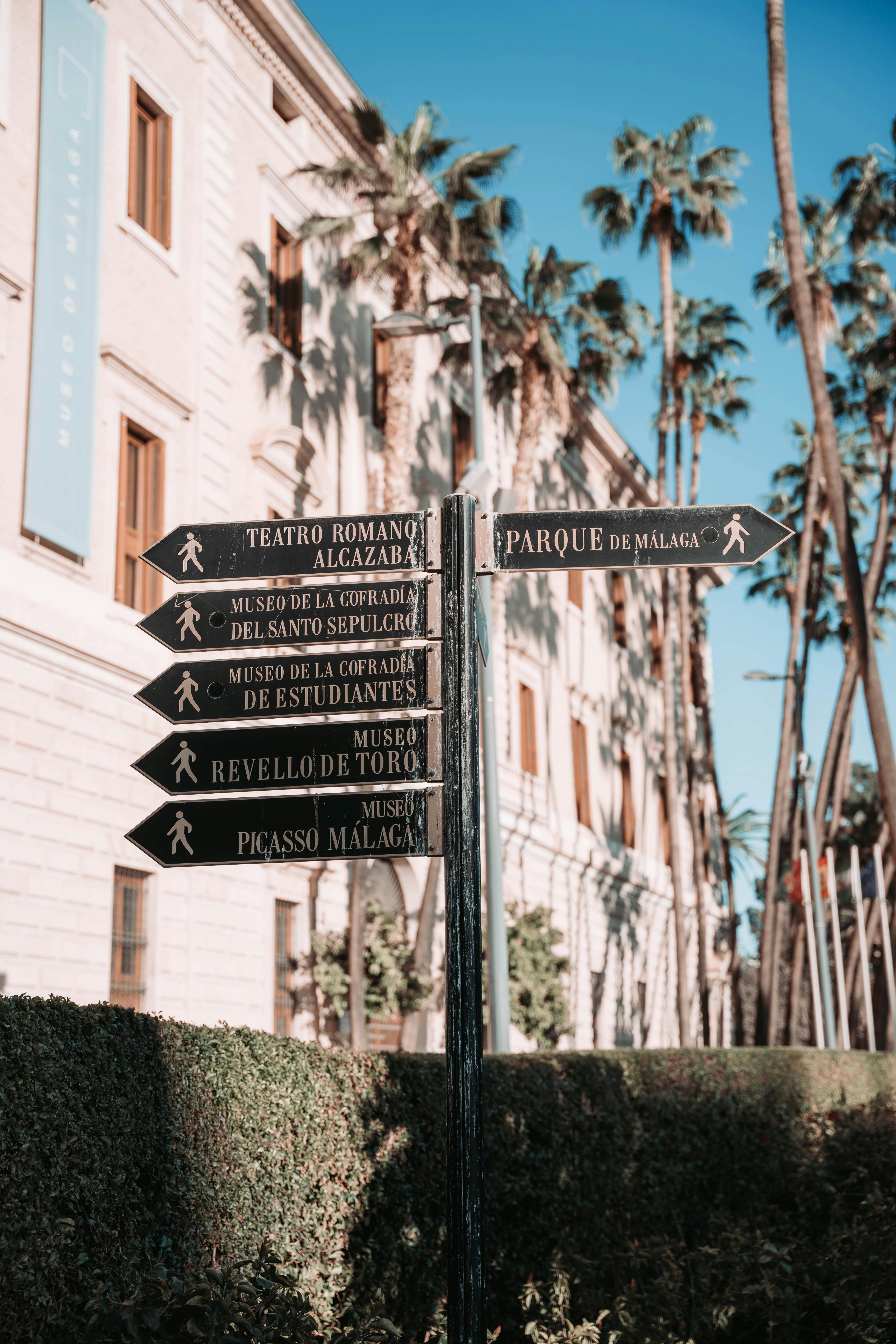 straatbord in Malaga met richtingaanwijzers en palmbomen